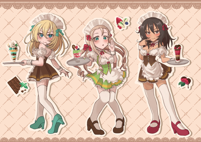 3girls :o andou_(girls_und_panzer) apron black_dress black_eyes black_footwear black_hair blonde_hair blue_eyes blush breasts candy chocolate chocolate_bar choker closed_mouth commentary dress drill_hair finger_to_mouth food frilled_dress frilled_sleeves frills fruit girls_und_panzer glass green_dress green_eyes green_footwear green_ribbon hair_ribbon high_heels holding holding_tray ice_cream long_hair looking_at_viewer maid_headdress marie_(girls_und_panzer) medium_breasts medium_hair mint multiple_girls neck_ribbon off-shoulder_dress off_shoulder oshida_(girls_und_panzer) parted_lips pistachio pleated_dress raspberry red_footwear red_ribbon ribbon salt-apple short_dress short_sleeves smile standing sundae thigh-highs tray underbust valentine waist_apron waitress white_apron white_choker white_thighhighs wrist_cuffs