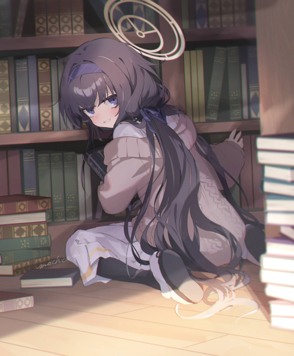 1girl artist_name black_hair black_pantyhose blue_archive blue_hairband blue_ribbon blush book bookshelf cardigan commentary from_behind grin hair_ribbon hairband halo highres holding holding_book indoors jitome library long_hair long_skirt looking_at_viewer low_twintails machico_maki on_floor pantyhose pile_of_books pleated_skirt ribbon safe shirt signature sitting skirt slippers smile solo twintails ui_(blue_archive) very_long_hair wariza white_shirt white_skirt wooden_floor