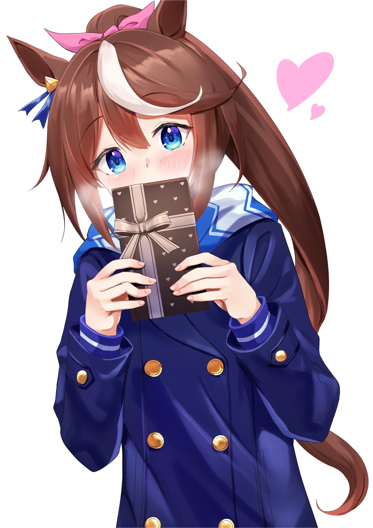 1girl animal_ears bangs blue_coat blue_eyes blush bow box breath brown_hair buttons coat covering_mouth double-breasted dusu_(htkj) gift gift_box hair_bow heart highres holding holding_gift horse_ears long_hair long_sleeves looking_at_viewer multicolored_hair scarf simple_background solo streaked_hair tokai_teio_(umamusume) umamusume upper_body valentine white_background