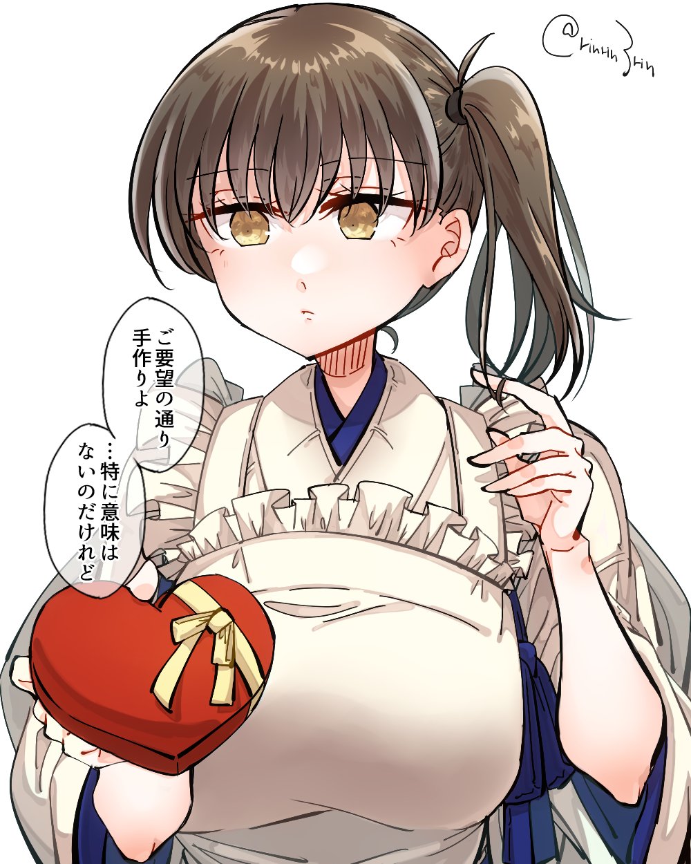 1girl apron blush box breasts brown_eyes brown_hair candy chocolate food gift gift_box heart heart-shaped_box heart-shaped_chocolate highres holding holding_gift japanese_clothes kaga_(kancolle) kantai_collection large_breasts matsunaga_(haku) short_sidetail side_ponytail simple_background solo speech_bubble twitter_username valentine white_background