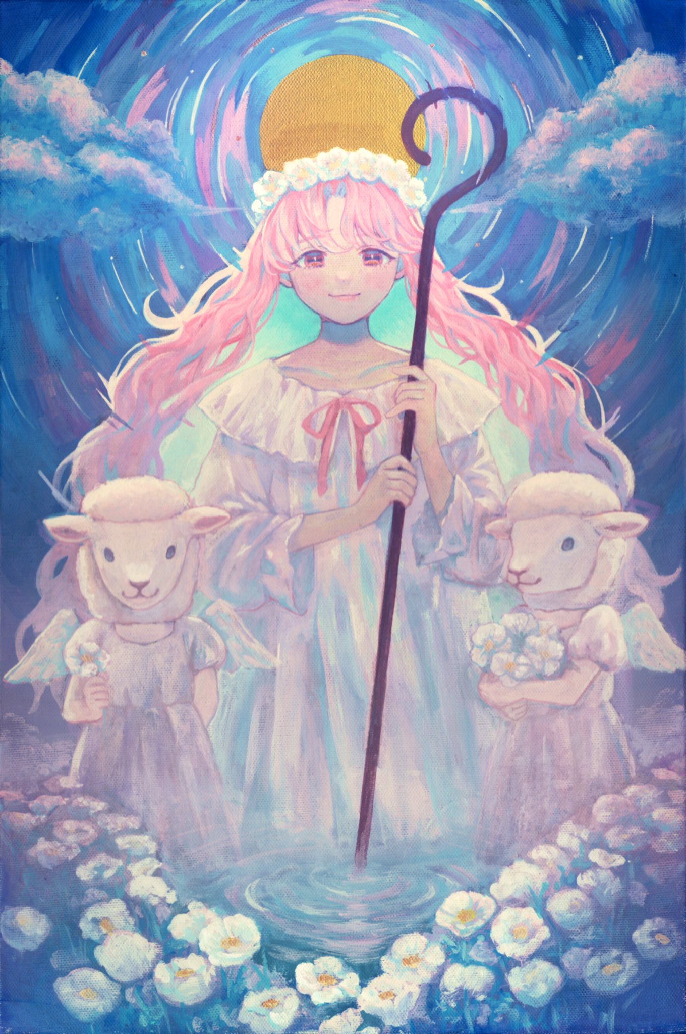 3girls angel_wings blue_hair blush clouds colored_inner_hair commentary_request dress field flower flower_field flower_wreath head_wreath highres holding holding_flower long_hair long_sleeves looking_at_viewer mask mishoww multicolored_hair multiple_girls original pink_eyes pink_hair red_ribbon ribbon ripples sheep_mask shepherd shepherd's_crook short_sleeves sky smile straight-on two-tone_hair very_long_hair water wavy_hair white_dress white_wings wings