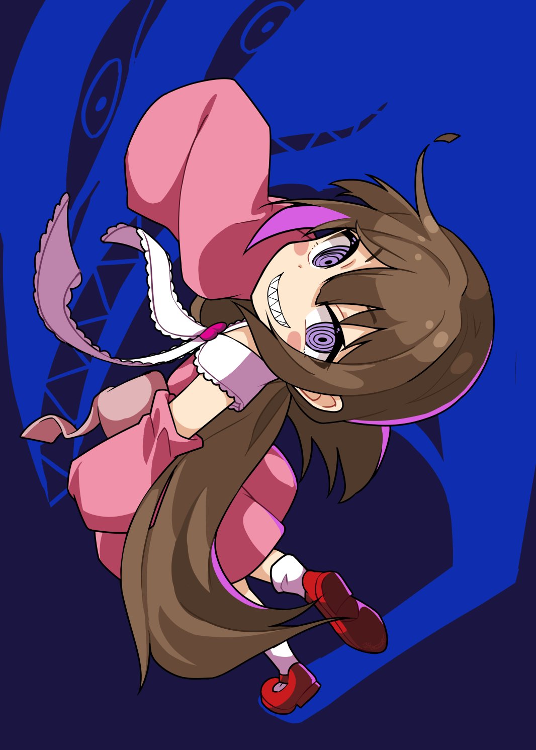 1girl 1other bangs blue_background blush_stickers brooch brown_hair collared_dress crazy_eyes detached_sleeves different_shadow dress empty_eyes evil_grin evil_smile frilled_ribbon frills from_above grin heart_brooch highres jewelry leaning_back long_hair looking_at_viewer looking_back low_twintails mary_janes monster neck_ribbon pink_dress pink_sleeves red_footwear ribbon ringed_eyes sharp_teeth shoes sleeves_past_fingers sleeves_past_wrists smile socks standing standing_on_one_leg teeth tsukuyomi_ai twintails v-shaped_eyebrows violet_eyes voiceroid white_ribbon white_socks yanagita_kousuke