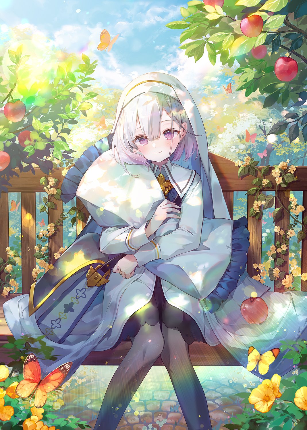 1girl apple apple_tree bangs black_thighhighs bug butterfly collared_shirt flower food fruit hair_between_eyes highres holding holding_pillow ibara_riato long_sleeves looking_at_viewer on_bench original pillow shirt short_hair sitting sitting_on_bench smile solo thigh-highs tree violet_eyes white_hair white_headdress yellow_flower