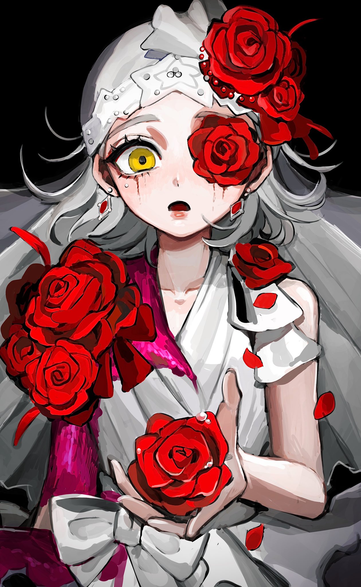 1girl :o black_background blood blood_on_arm blood_on_clothes bow dew_drop dress dress_flower earrings falling_petals flower flower_over_eye grey_hair hair_flower hair_ornament highres hoge_(n8sss) holding holding_flower identity_v jewelry lips looking_at_viewer medium_hair official_alternate_costume petals pink_blood red_flower red_rose rose runny_makeup simple_background sleeveless sleeveless_dress solo straight-on upper_body veil vera_nair vera_nair_(crimson_bride) waist_bow water_drop white_bow white_dress yellow_eyes