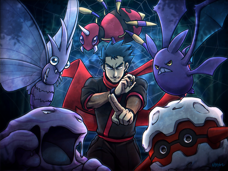 1boy ariados black_hair crobat forretress holding holding_poke_ball japanese_clothes koga_(pokemon) male_focus muk nemoppoi ninja poke_ball pokemon pokemon_(game) pokemon_gsc red_scarf scarf serious spiky_hair ultra_ball venomoth wristband