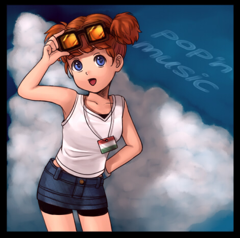 1girl adjusting_eyewear bangs bike_shorts blue_eyes brown_hair clouds copyright_name denim denim_skirt goggles goggles_on_head hand_on_hip hungarian_flag jewelry lowres necklace open_mouth pop'n_music shirt short_twintails skirt solo tsubasa_(pop'n_music) twintails uniquedog101 white_shirt wristband