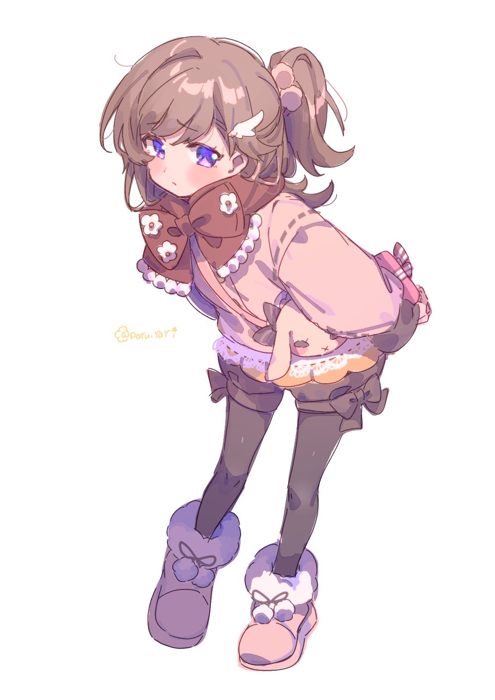 1girl :x arms_behind_back bag bangs black_pantyhose blush boots bow box brown_bow brown_hair brown_scarf brown_shorts closed_mouth full_body fur-trimmed_boots fur-trimmed_footwear fur_trim hair_ornament highres holding holding_box jacket leaning_forward legs_apart long_sleeves looking_at_viewer magia_record:_mahou_shoujo_madoka_magica_gaiden mahou_shoujo_madoka_magica mai_akari official_alternate_costume one_side_up pantyhose pantyhose_under_shorts paru_rari pink_footwear pink_jacket pom_pom_(clothes) pom_pom_hair_ornament rabbit scarf shorts shoulder_bag solo standing swept_bangs twitter_username violet_eyes white_background wing_hair_ornament