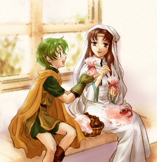 1boy 1girl :d bad_id basket brown_hair cape chocolate elen_(fire_emblem) fire_emblem fire_emblem:_the_binding_blade gift_bag gift_wrapping green_hair long_hair lugh_(fire_emblem) priestess red_ribbon ribbon sitting smile usachu_now window yellow_cape