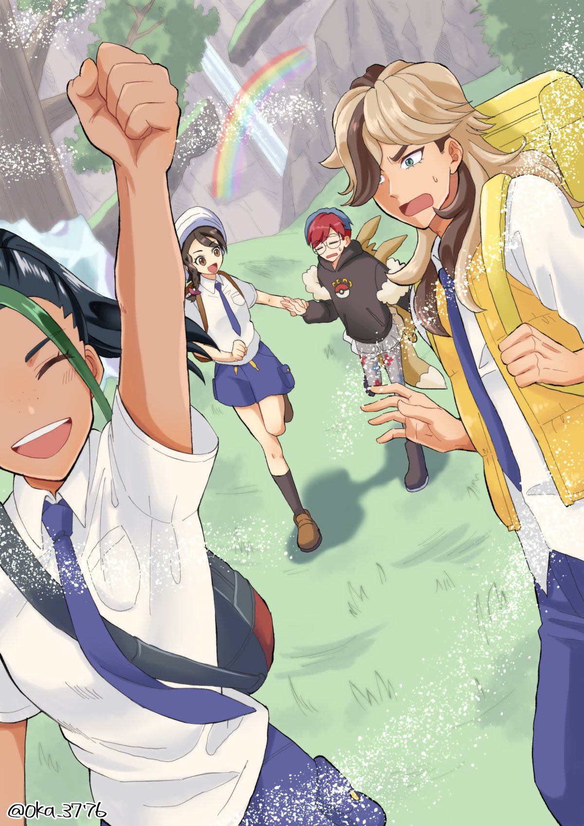 1boy 3girls :d arm_up arven_(pokemon) backpack bag black_bag black_hair breast_pocket brown_footwear brown_hair clenched_hand closed_eyes commentary_request day eyelashes grass highres juliana_(pokemon) long_hair multiple_girls necktie nemona_(pokemon) oka_3776 open_clothes open_mouth open_vest outdoors pants penny_(pokemon) pocket pokemon pokemon_(game) pokemon_sv ponytail purple_necktie purple_shorts rainbow shirt shoes short_sleeves shorts smile socks teeth upper_teeth_only vest water waterfall yellow_bag yellow_vest