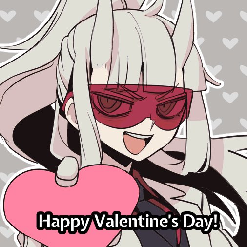1girl :d ahoge bangs black_necktie collared_shirt gloves grey_background grey_hair happy_valentine heart helltaker holding holding_heart horns long_hair looking_at_viewer loremaster_(helltaker) necktie noah_(tettsui-sole) outline ponytail red_goggles red_shirt shirt smile solo teeth upper_teeth_only white_gloves white_outline