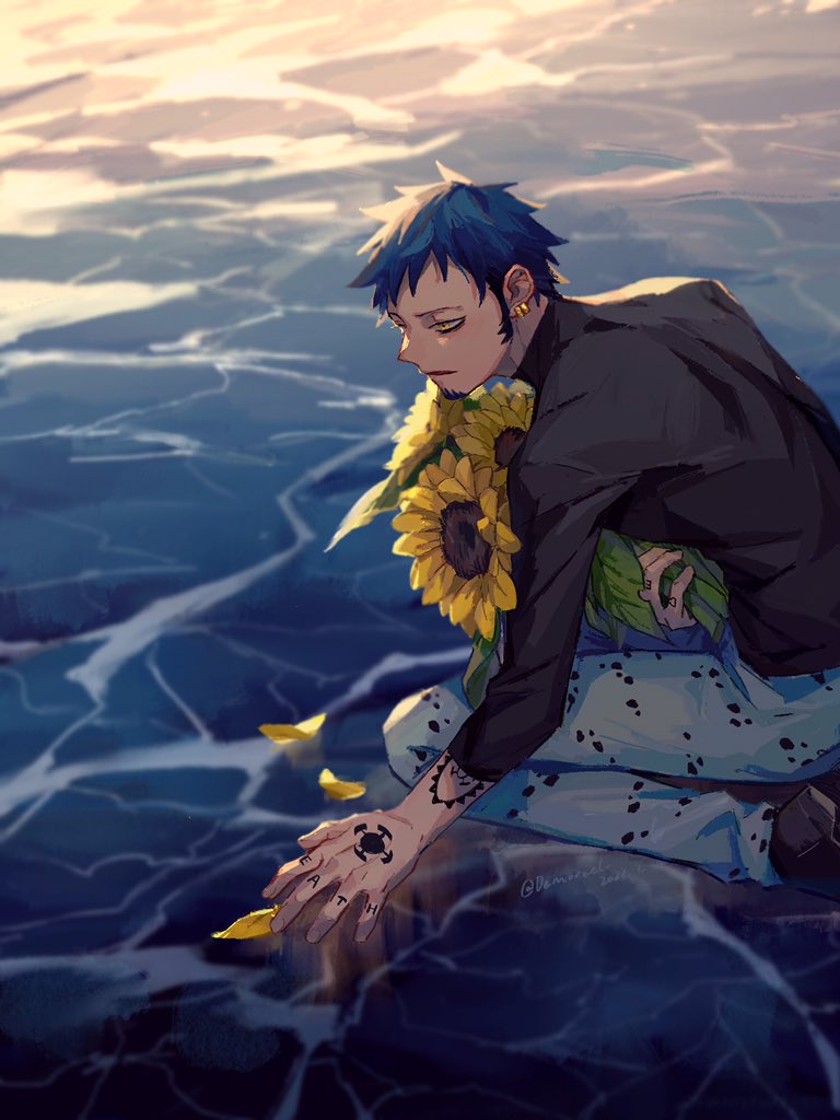 1boy bags_under_eyes black_shirt blue_hair demorzel denim earrings facial_hair flower hand_tattoo holding holding_flower jeans jewelry male_focus one_piece outdoors pants parted_lips picking_up shallow_water shirt sitting sitting_on_water smile solo sunflower sunflower_petals tattoo trafalgar_law water yellow_eyes