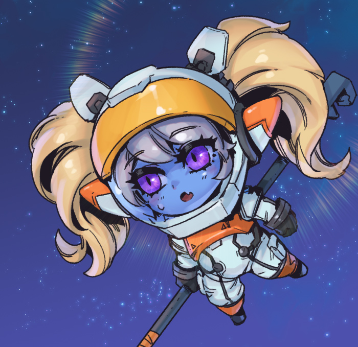 1girl :o astronaut astronaut_poppy black_gloves blonde_hair blush fang full_body gloves holding holding_weapon league_of_legends long_hair phantom_ix_row pink_eyes poppy_(league_of_legends) solo space space_helmet spacesuit starry_background sweatdrop twintails weapon yordle