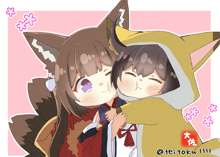 2girls :3 ^_^ amagi-chan_(azur_lane) animal_costume animal_ears azur_lane bangs black_hair blunt_bangs brown_hair cheek-to-cheek closed_eyes commentary_request crossover detached_sleeves eyeshadow fox_costume fox_ears fox_girl fox_tail hair_between_eyes hair_ornament heads_together hug japanese_clothes kaga_(kancolle) kantai_collection kyuubi long_hair long_sleeves looking_at_another makeup multiple_girls multiple_tails rope shimenawa sidelocks signature simple_background smile tail taisa_(kari) thick_eyebrows twintails twitter_username two-tone_background violet_eyes wide_sleeves