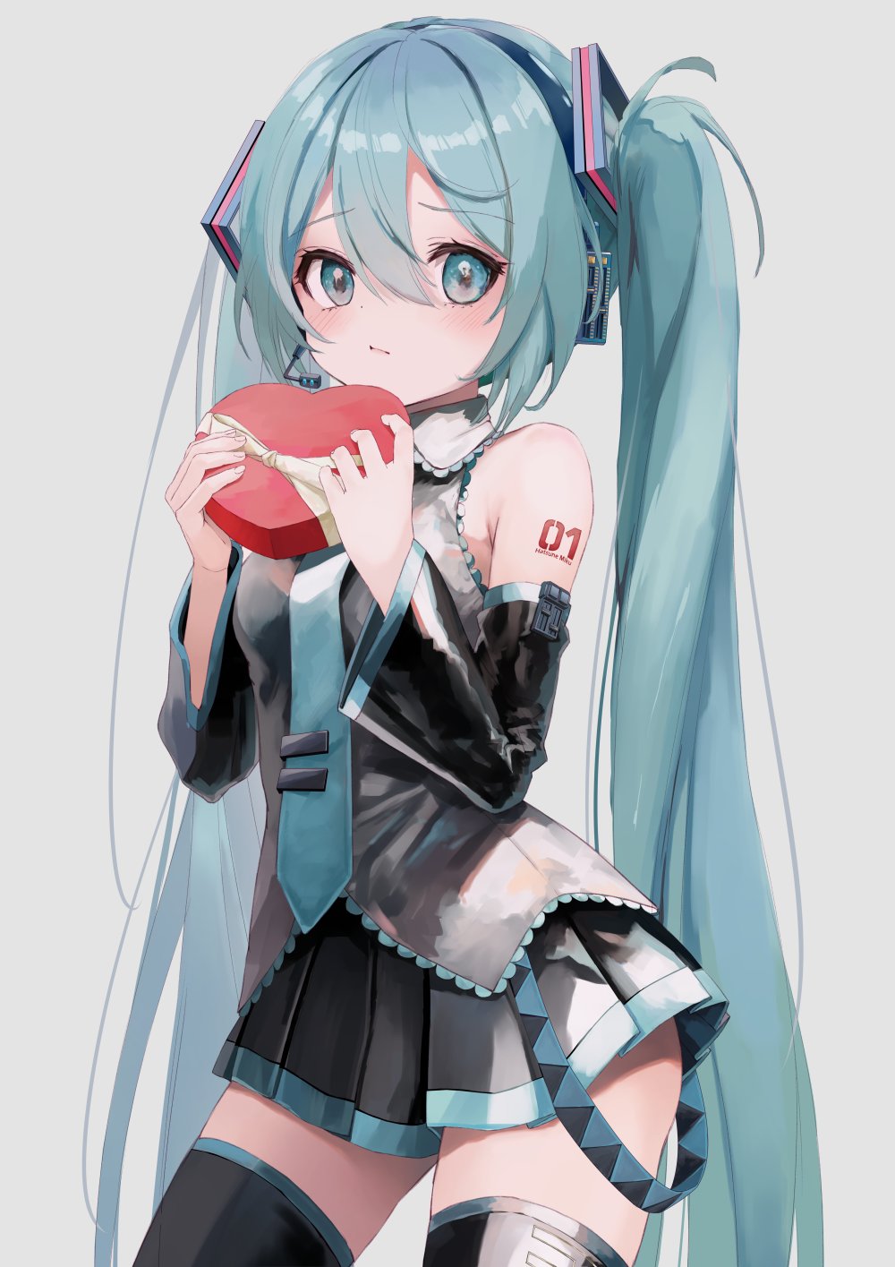 1girl bangs black_thighhighs blue_eyes blue_hair box box_of_chocolates detached_sleeves frown hair_between_eyes hair_ornament hatsune_miku highres holding holding_box light_blush long_hair long_sleeves looking_at_viewer necktie pleated_skirt skirt solo standing takepon1123 thigh-highs twintails valentine very_long_hair vocaloid wide_sleeves