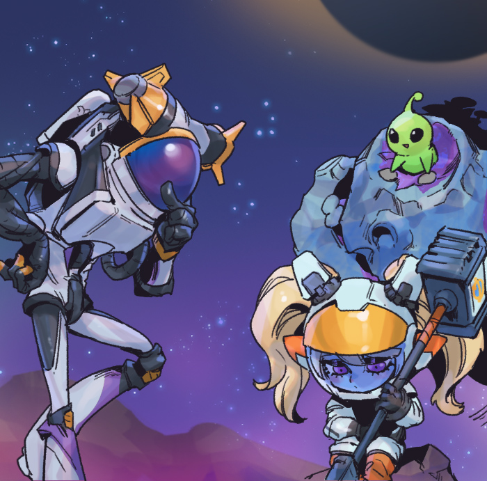 1girl alien astronaut astronaut_poppy bangs black_gloves blonde_hair character_request colored_skin gloves green_skin hammer hand_up holding holding_hammer holding_weapon league_of_legends long_hair outdoors phantom_ix_row pink_eyes space space_helmet spacesuit starry_background twintails weapon yordle