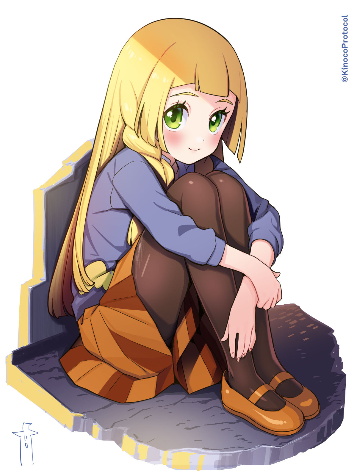 1girl blonde_hair blush braid brown_footwear brown_pantyhose brown_skirt closed_mouth commentary_request cosplay emma_(pokemon) emma_(pokemon)_(cosplay) eyelashes full_body green_eyes highres kinocopro lillie_(pokemon) long_hair pantyhose pleated_skirt pokemon pokemon_(game) pokemon_sm pokemon_xy shoes sitting skirt sleeves_past_elbows smile solo sweater twitter_username watermark white_background