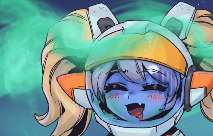 1girl :d astronaut_poppy bangs blonde_hair closed_eyes facing_viewer fang league_of_legends long_hair open_mouth phantom_ix_row portrait smile solo space_helmet starry_background twintails yordle
