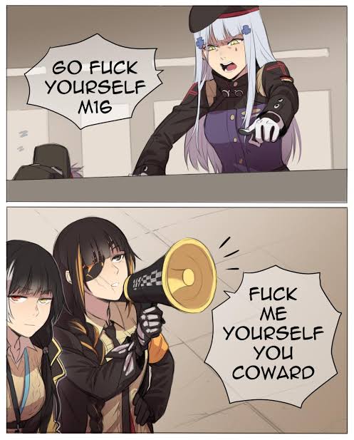 g11_(girls_frontline) girls_frontline hk416_(girls_frontline) long_hair m16a1_(girls_frontline) megaphone multiple_girls profanity ro635_(girls_frontline) scar_across_eye teardrop_tattoo