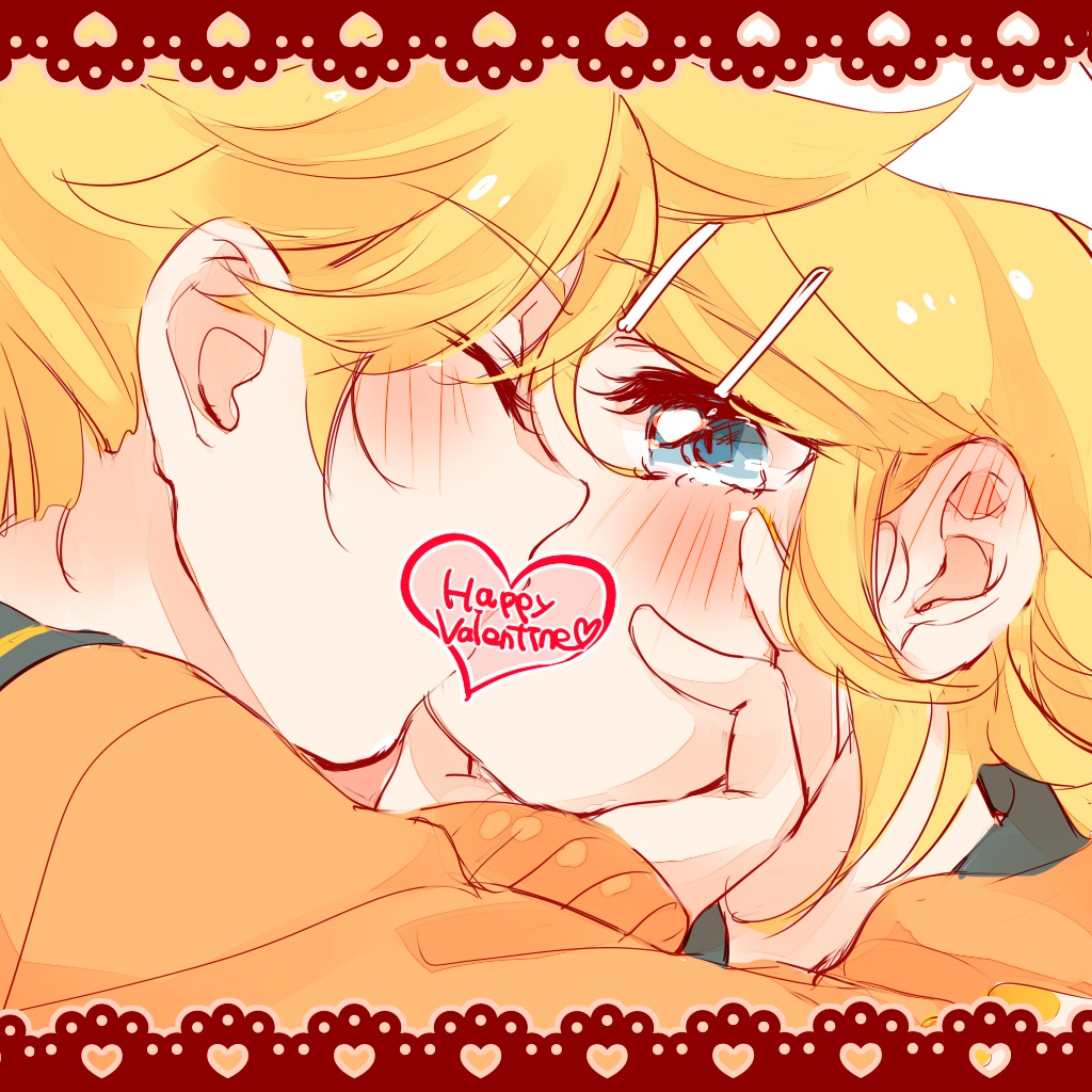 ahoge bangs blonde_hair blush cardigan censored close-up closed_eyes ear_blush eyelashes face-to-face framed grabbing_another's_chin grey_sailor_collar hair_ornament hairclip hand_on_another's_chin happy_valentine heart heart_censor kagamine_len kagamine_rin kiss lace mimi_mine open_mouth orange_cardigan sailor_collar spiky_hair swept_bangs vocaloid