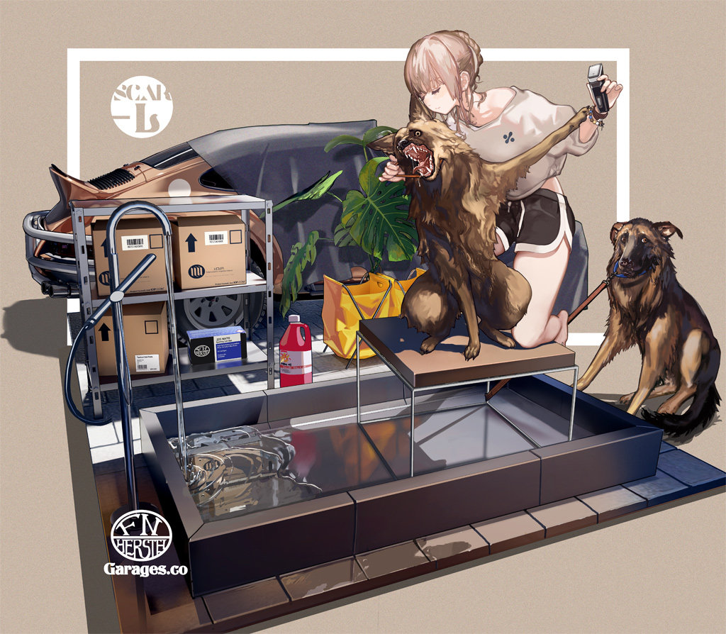 1girl bangs brown_hair car carton chinese_commentary closed_eyes dog dolphin_shorts electric_razor fangs fn_herstal german_shepherd girls_frontline ground_vehicle holding lin+ logo motor_vehicle off-shoulder_shirt off_shoulder pool porsche_911 scar-l_(girls'_frontline) shirt shorts sidelocks water