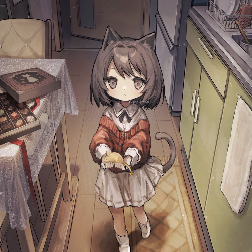 animal animal_ears brown_eyes brown_hair cat_ears cat_girl cat_tail chocolate closed_mouth collared_dress dishes dress female_child full_body holding holding_animal indoors kitchen long_sleeves looking_at_viewer medium_hair mouse neoki_ohae no_shoes open_door original plate red_ribbon refrigerator ribbon rug sink socks table tablecloth tail twitter_username white_dress white_socks white_towel wooden_chair wooden_floor wooden_table