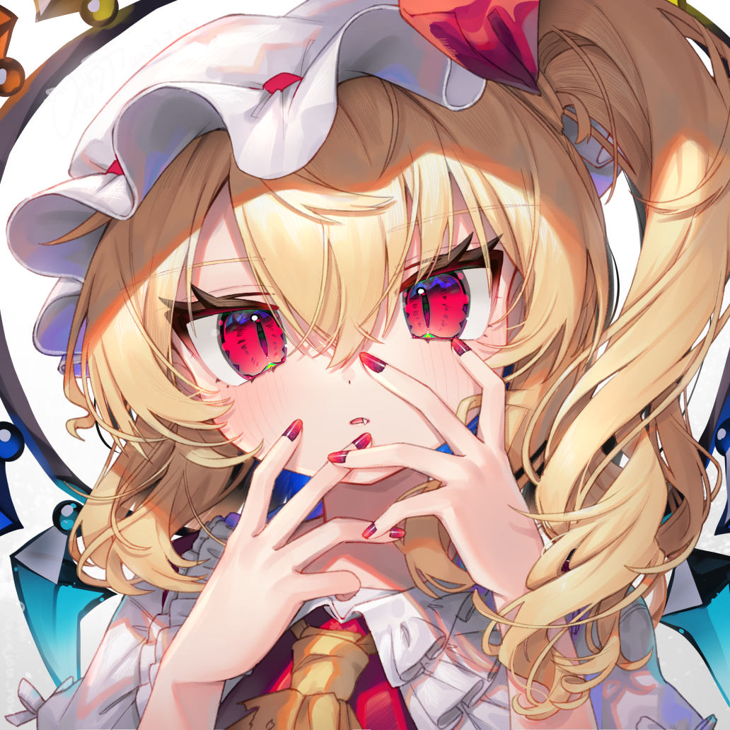 1girl ascot bangs blonde_hair crystal fang fingernails flandre_scarlet gunjou_row hair_between_eyes hat long_hair looking_at_viewer mob_cap nail_polish parted_lips portrait red_eyes red_nails side_ponytail slit_pupils solo touhou twitter_username white_headwear wings yellow_ascot