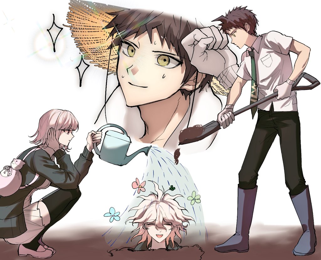 2boys :d alternate_costume bangs bibon_(boileddangan) black_jacket black_thighhighs boots breast_pocket breasts brown_pants brown_skirt closed_eyes danganronpa_(series) danganronpa_2:_goodbye_despair dirt facing_viewer from_side gloves green_necktie hand_up hat hinata_hajime holding holding_shovel holding_watering_can jacket komaeda_nagito large_breasts long_sleeves looking_up male_focus multiple_boys nanami_chiaki necktie open_clothes open_jacket pants pleated_skirt pocket profile shirt short_hair short_sleeves shovel shoveling skirt smile sparkle squatting standing sun_hat sweat teeth thigh-highs upper_teeth_only watering_can white_gloves