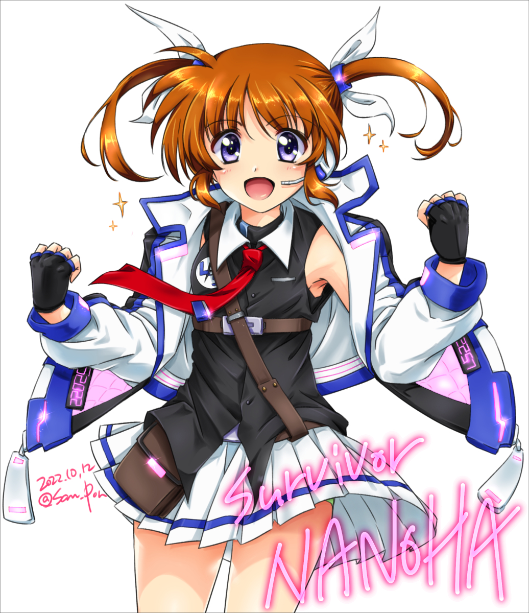 1girl artist_name black_gloves blue_eyes blush breasts brown_hair dated fingerless_gloves gloves hair_ribbon highres looking_at_viewer lyrical_nanoha mahou_shoujo_lyrical_nanoha mahou_shoujo_lyrical_nanoha_a's miniskirt open_mouth ribbon san-pon simple_background skirt small_breasts smile solo takamachi_nanoha twintails white_background white_skirt