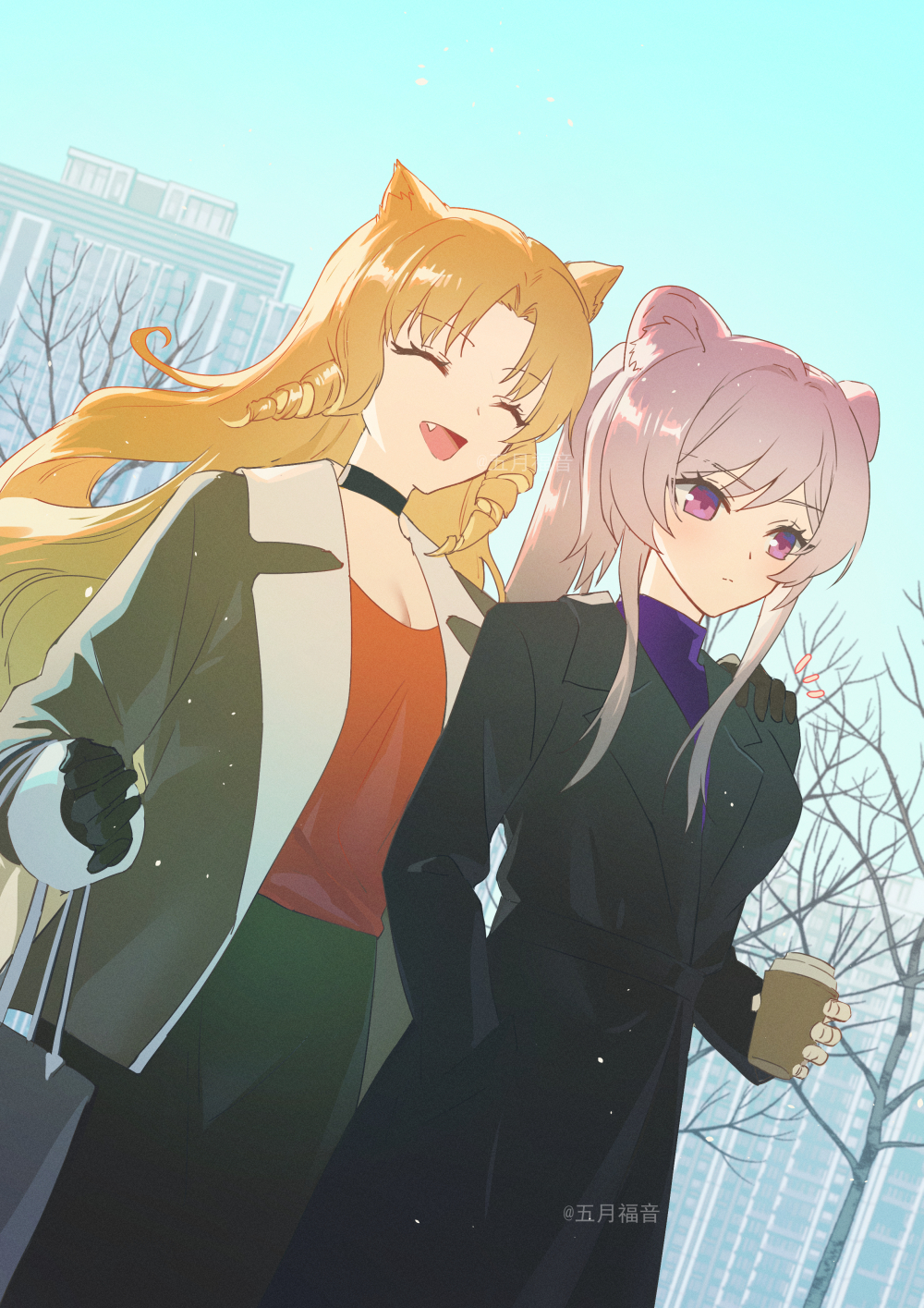 2girls :d ^_^ arknights bare_tree black_coat black_gloves black_skirt blonde_hair blue_sky building closed_eyes closed_mouth coat coffee_cup commentary_request cup day disposable_cup dutch_angle fang gloves gogatsu_fukuin hand_on_another's_shoulder highres holding holding_cup lin_(arknights) looking_away multiple_girls outdoors purple_hair purple_shirt red_shirt ringlets shirt sidelocks skirt sky smile swire_(arknights) tree twitter_username violet_eyes watermark