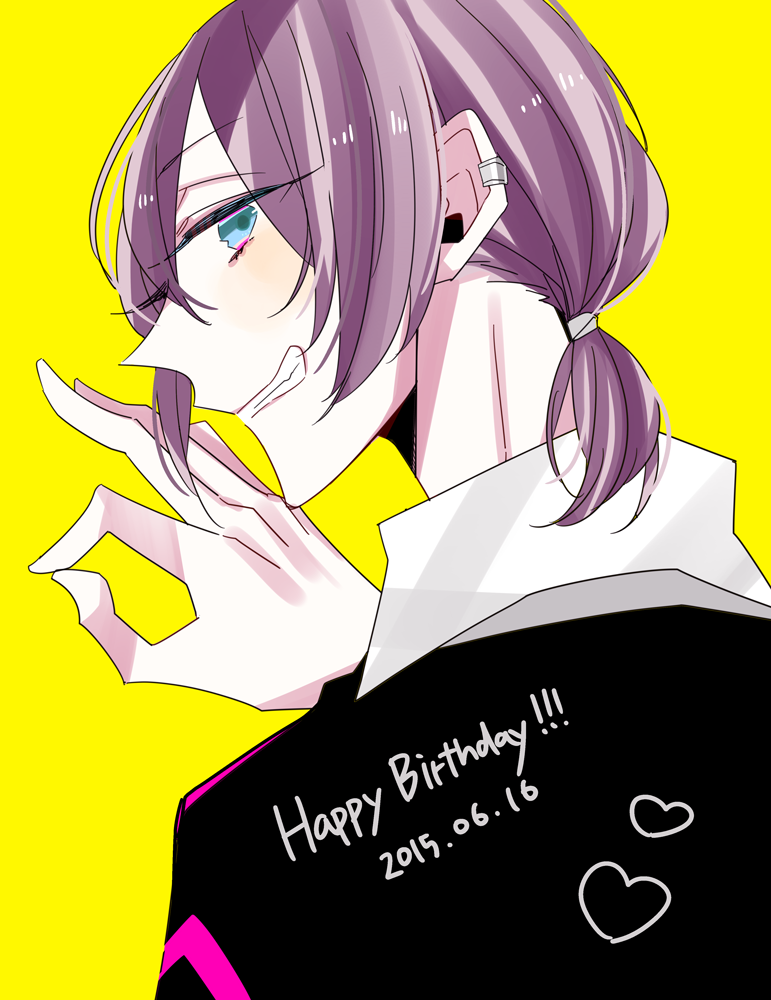 1boy 2015 aoba_taiga black_jacket blue_eyes collared_shirt dated facing_to_the_side happy_birthday heart jacket long_sleeves looking_at_viewer looking_back low_ponytail male_focus medium_hair possession_magenta purple_hair shirt short_ponytail smile solo teeth unm777 white_shirt