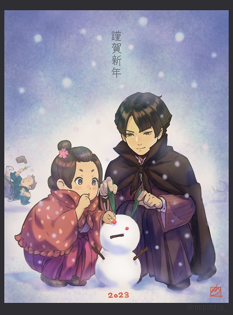 1girl 2023 2boys ace_attorney aged_down alternate_costume bangs_pinned_back black_hair boots border branch brown_hair decorating falling grey_border hair_ornament happy_new_year japanese_clothes kazuma_asogi kimono long_sleeves multiple_boys nuri_kazuya outdoors pink_kimono ryunosuke_naruhodo scarf short_hair signature smile snow snowing snowman susato_mikotoba the_great_ace_attorney tripping twitter_username updo wide_sleeves winter winter_clothes