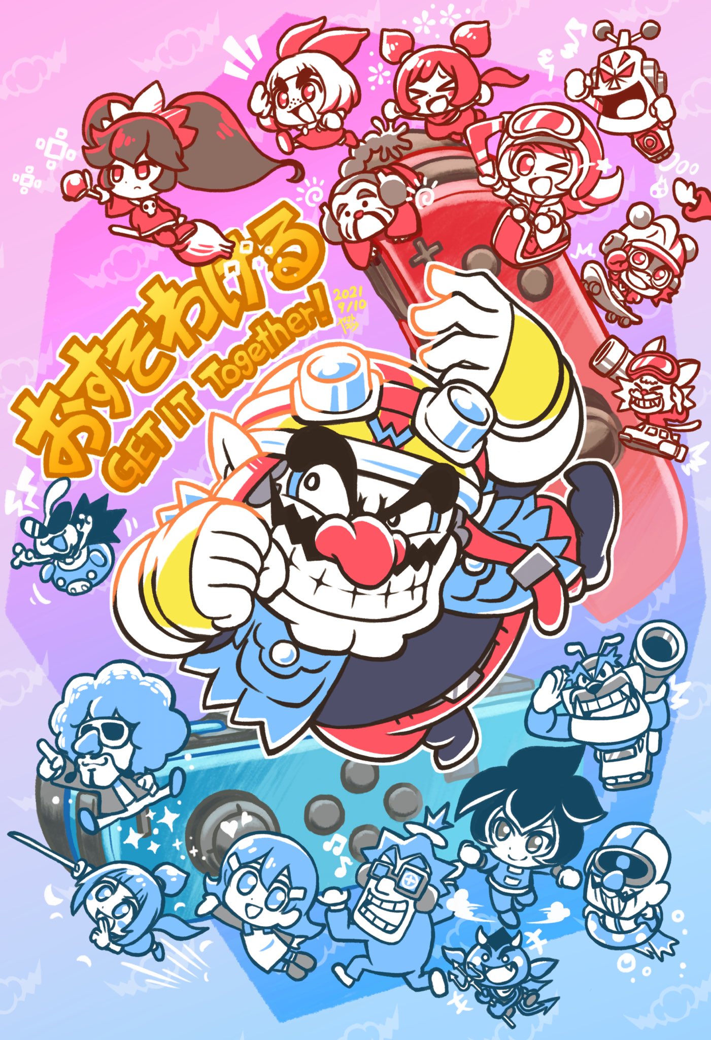 &gt;_&lt; &gt;_o 18-volt 5-volt 6+boys 6+girls 9-volt :d afro ana_(warioware) apron arm_up artist_name ashley_(warioware) bangs beamed_eighth_notes black_hair black_shirt blue_background blue_jacket blunt_bangs boomerang broom broom_riding cat chibi closed_eyes closed_mouth commentary_request controller copyright_name dated demon_horns demon_tail denim denim_jacket dog dr._crygor dribble_(warioware) eighth_note expressionless facial_hair fangs freckles frown game_controller glasses goggles goggles_on_head gradient_background grin hair_ornament hairclip heart helmet high_ponytail highres holding holding_sword holding_wand holding_weapon horns index_finger_raised jacket jimmy_t joy-con kat_(warioware) katana koaraymt long_hair long_sleeves looking_at_viewer lulu_(warioware) master_mantis medium_hair mike_(warioware) mona_(warioware) multiple_boys multiple_girls musical_note mustache notice_lines one_eye_closed open_clothes open_jacket open_mouth orbulon pants penny_crygor polearm ponytail purple_background red_(warioware) red_pants robot rocket_launcher salute shirt short_hair sidelocks simple_background skateboard sleeveless sleeveless_jacket smile smirk sparkle spitz split_mouth star_(symbol) sunglasses sword tail teeth thick_eyebrows trident twitter_username v-shaped_eyebrows wand wario warioware weapon young_cricket