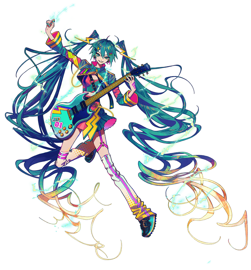 1girl absurdly_long_hair ahoge akiakane aqua_eyes aqua_footwear aqua_hair aqua_nails aqua_skirt arm_up belt black_belt black_footwear blonde_hair colored_tips electric_guitar electricity garter_straps glowing gradient_hair grin guitar hair_between_eyes hair_ornament halftone hand_up hatsune_miku hatsune_miku_japan_tour_2023_~thunderbolt~ high_collar holding holding_instrument holding_plectrum instrument leg_up leg_warmers lightning_bolt-shaped_pupils lightning_bolt_hair_ornament lightning_bolt_symbol long_hair long_sleeves looking_at_viewer midriff multicolored_hair nail_polish neon_palette official_alternate_costume official_art pink_hair pleated_skirt plectrum second-party_source shoes shrug_(clothing) simple_background single_garter_strap skirt smile solo thigh_strap transparent_background triangle_ring twintails two-sided_fabric two-sided_skirt two-sided_sleeves very_long_hair vocaloid wavy_hair