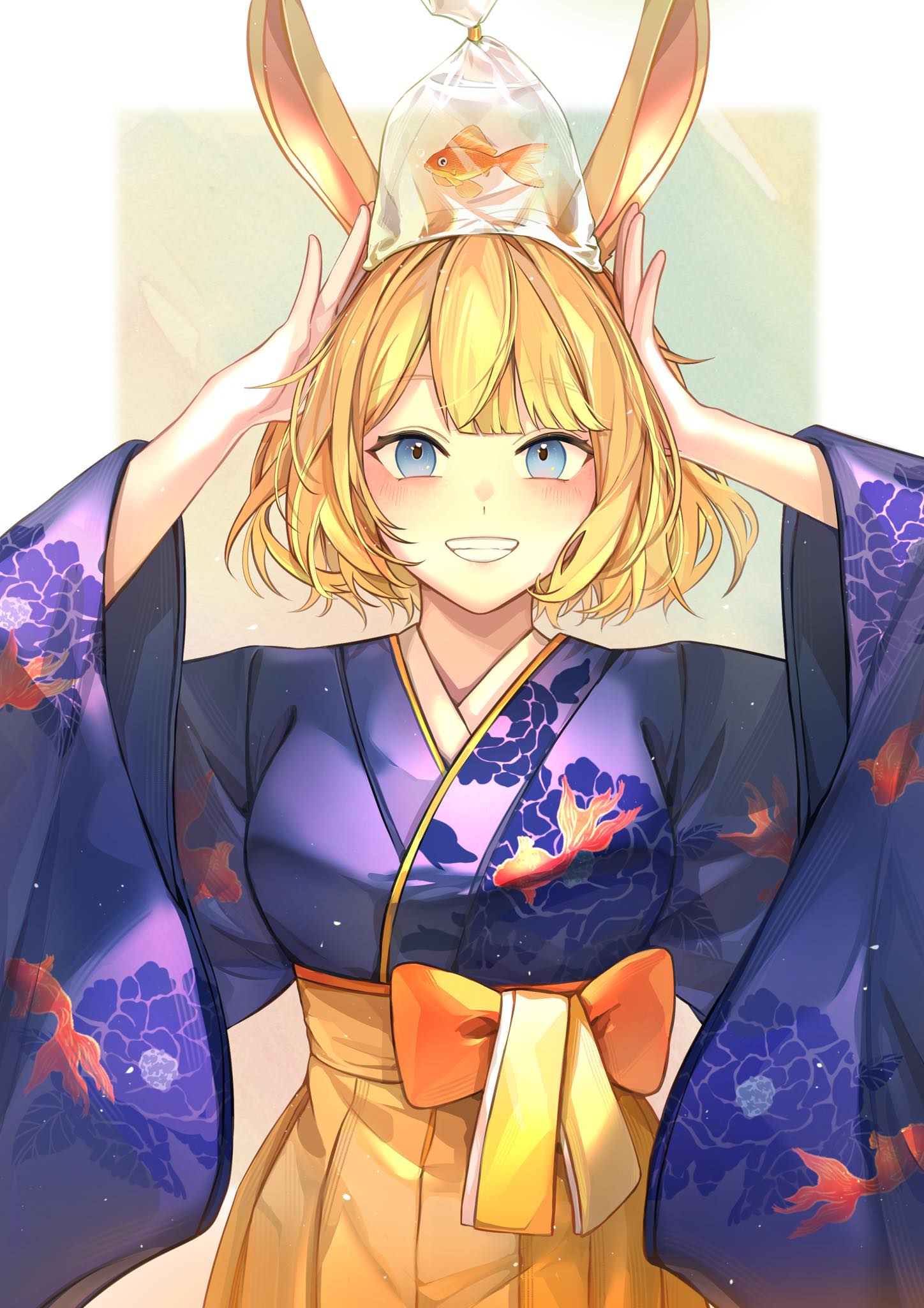 1girl animal_ears blonde_hair blue_eyes eden_(eden871225) fish goldfish highres hololive hololive_english japanese_clothes kimono looking_at_viewer new_year on_head rabbit_ears short_hair simple_background solo virtual_youtuber watson_amelia