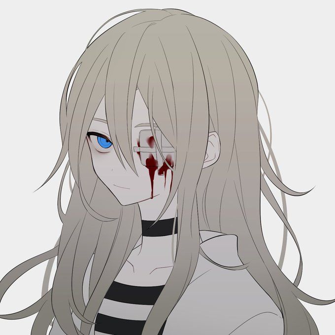 1girl artist_request bandage_over_one_eye bare_arms blonde_hair blood blood_on_face blue_eyes long_hair looking_at_viewer messy_hair non-web_source pale_skin rachel_gardner satsuriku_no_tenshi simple_background solo white_background