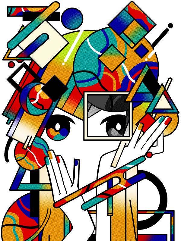 1girl abstract bangs colored_skin colorful egasumi hands_on_own_face hands_up long_hair looking_at_viewer multicolored_eyes multicolored_hair multicolored_nails nail_polish no_mouth no_nose original portrait simple_background solo straight-on white_background white_skin wokichi