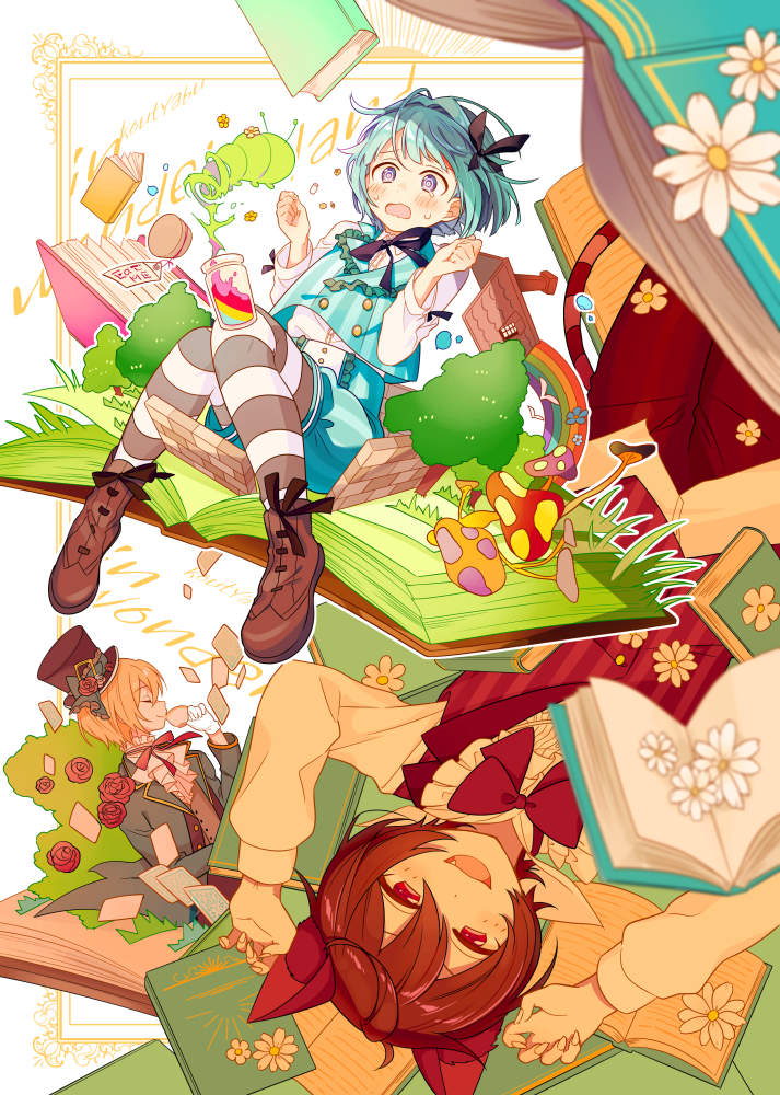 3boys 4_(nakajima4423) @_@ alice_(alice_in_wonderland) alice_(alice_in_wonderland)_(cosplay) alice_in_wonderland animal_ears ankle_boots ascot bangs black_bow black_headwear black_pantyhose blue_coat blue_hair blue_shorts blue_vest blunt_ends blush book boots border bow bowtie brick_wall brown_footwear brown_hair buttons cat_ears cat_tail cheshire_cat_(alice_in_wonderland) cheshire_cat_(alice_in_wonderland)_(cosplay) claw_pose clenched_hands closed_eyes coat commentary_request cosplay cowboy_shot cup daisy double-breasted drinking eat_me ensemble_stars! fang flower food gloves hair_between_eyes hair_bow hands_up hat hat_flower holding holding_cup light_blue_hair macaron mad_hatter_(alice_in_wonderland) mad_hatter_(alice_in_wonderland)_(cosplay) multiple_boys mushroom open_book open_mouth orange_hair pantyhose pop-up_book potion red_bow red_bowtie red_eyes red_flower red_rose romaji_text rose sakuma_ritsu shino_hajime shirt short_hair shorts simple_background sitting_on_book striped striped_pantyhose surprised tail tailcoat teacup top_hat tree tsukinaga_leo upper_body vest violet_eyes white_ascot white_background white_flower white_gloves white_pantyhose white_shirt