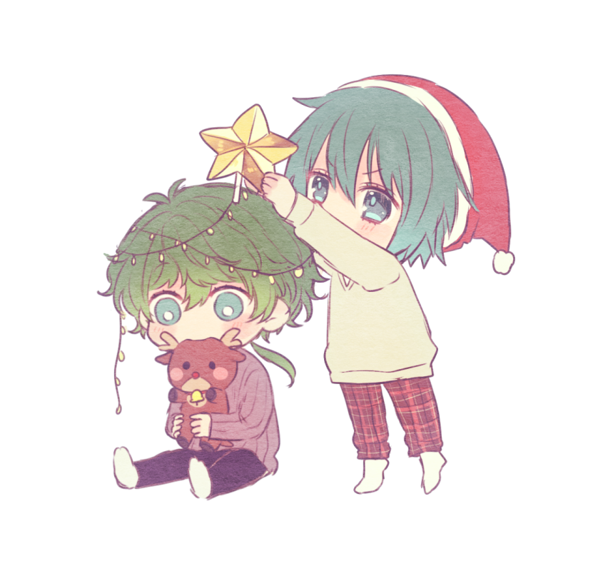 2boys alternate_costume aqua_eyes aqua_hair bangs black_pants blush chibi christmas_lights christmas_star decorating green_hair grey_shirt hair_between_eyes hat hiyori_sou holding holding_stuffed_toy kimi_ga_shine long_sleeves low_ponytail male_focus midori_(kimi_ga_shine) multiple_boys pants plaid plaid_pants pom_pom_(clothes) red_headwear red_pants ribbed_shirt santa_hat shirt short_hair simple_background sitting socks standing stuffed_animal stuffed_reindeer stuffed_toy tiptoes uououoon v-shaped_eyebrows white_background white_socks yellow_shirt