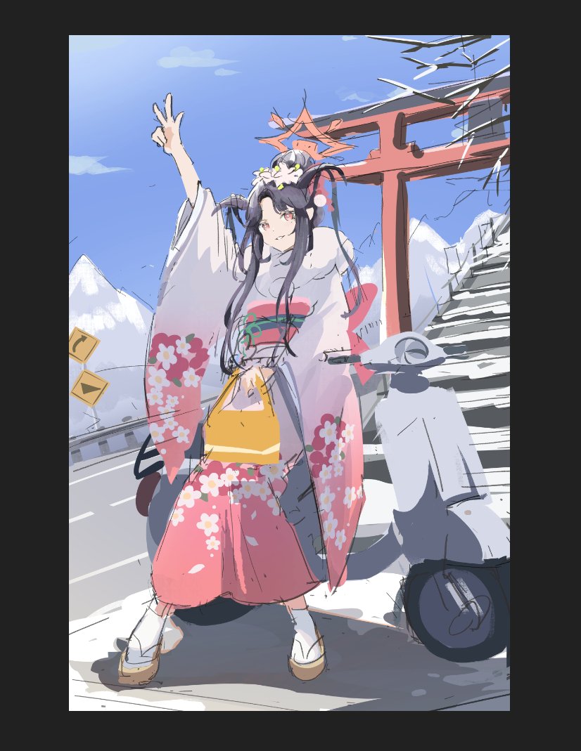 1girl arm_up arrow_(symbol) bangs black_border black_hair blue_archive blue_sky border branch brown_footwear clouds day flower fuuka_(blue_archive) fuuka_(new_year)_(blue_archive) gradient_kimono ground_vehicle hair_bun hair_flower hair_ornament horns japanese_clothes kimono long_hair long_sleeves looking_at_viewer moped motor_vehicle obi outdoors parted_bangs pink_kimono railing red_eyes road_sign sash sign sketch sky snow socks solo stairs stone_stairs tabi toki_(yoyobozi) torii very_long_hair w white_flower white_kimono white_socks wide_sleeves zouri