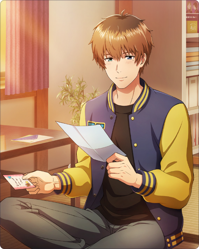 1boy black_shirt blue_eyes blush brown_hair buttons card crossed_legs fingernails green_eyes hair_between_eyes heterochromia holding holding_card idolmaster idolmaster_side-m idolmaster_side-m_growing_stars jacket long_sleeves mail male_focus mole mole_under_eye official_art open_clothes open_jacket pants plant shirt smile solo table takajo_kyoji