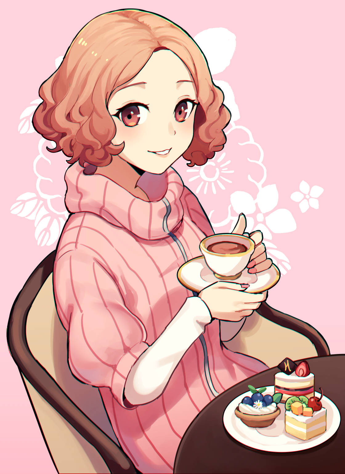 1girl brown_eyes brown_hair chair commentary cup english_commentary fingernails floral_background food forehead grin highres holding holding_cup holding_plate kuki_tan layered_sleeves looking_at_viewer okumura_haru persona persona_5 pink_background pink_nails pink_sweater plate short_hair sitting smile solo sweater table tea teacup white_sleeves zipper