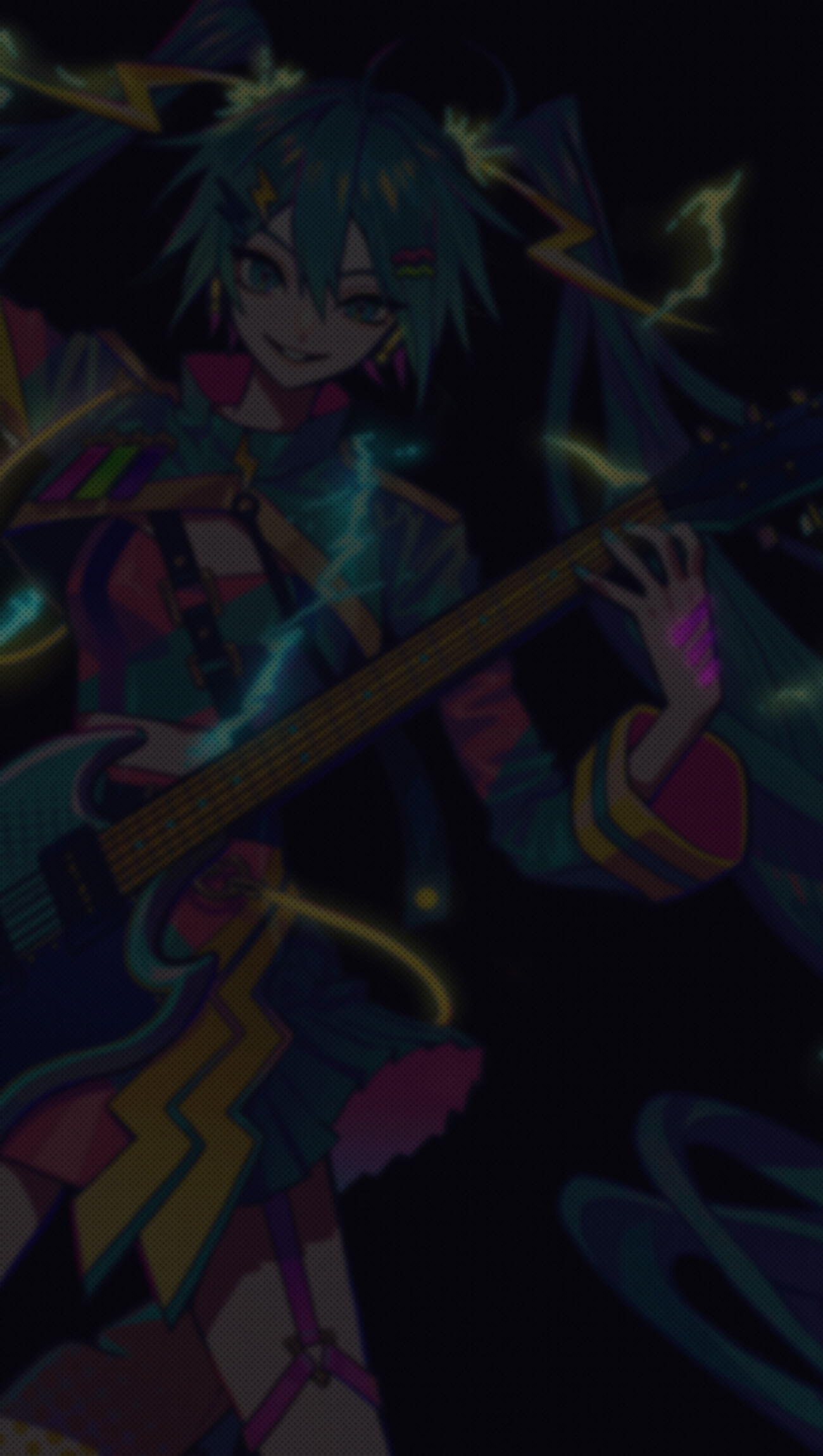 1girl akiakane aqua_eyes aqua_hair aqua_nails aqua_skirt arm_up black_background cowboy_shot electric_guitar electricity garter_straps glowing grin guitar halftone halftone_texture hand_up hatsune_miku hatsune_miku_japan_tour_2023_~thunderbolt~ highres holding holding_instrument instrument long_hair long_sleeves looking_at_viewer midriff official_alternate_costume official_art pleated_skirt second-party_source shrug_(clothing) single_garter_strap skirt smile solo thigh_strap triangle_ring twintails two-sided_fabric two-sided_skirt two-sided_sleeves very_long_hair vocaloid