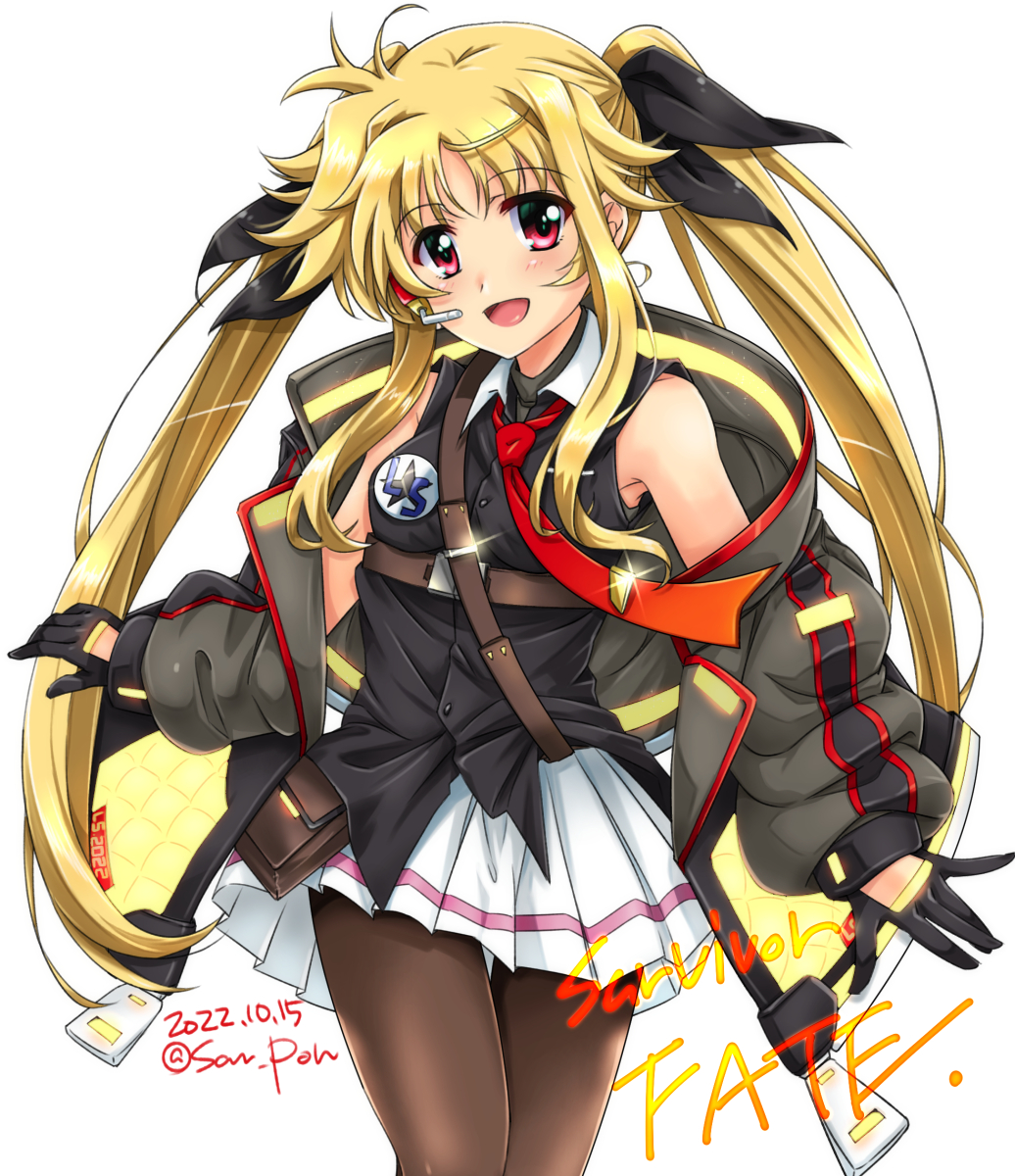 1girl artist_name bare_shoulders black_gloves blonde_hair blush breasts brown_pantyhose dated fate_testarossa gloves hair_ribbon highres long_hair looking_at_viewer lyrical_nanoha mahou_shoujo_lyrical_nanoha mahou_shoujo_lyrical_nanoha_a's miniskirt open_mouth pantyhose pleated_skirt red_eyes ribbon san-pon skirt small_breasts smile solo twintails white_skirt