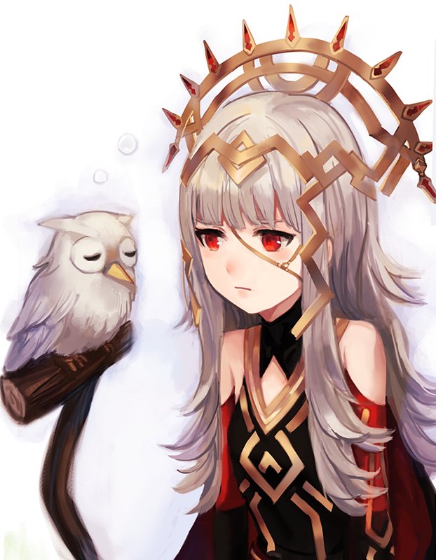 1girl bangs bare_shoulders bird black_dress blunt_bangs crown dress expressionless feh_(fire_emblem_heroes) fire_emblem fire_emblem_heroes grey_hair long_hair looking_at_another owl red_eyes sha_(isago) sidelocks upper_body veronica_(fire_emblem) white_background