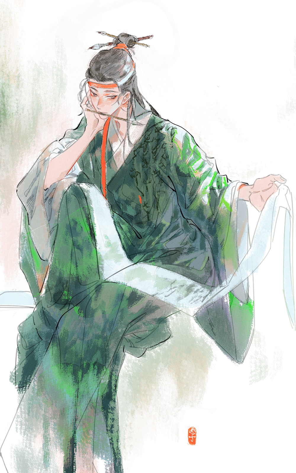 1boy black_hair chinese_clothes clothes_writing eyeliner feet_out_of_frame green_robe hair_pulled_back half_updo hand_on_own_cheek hand_on_own_face hand_up hanfu hanging_scroll head_rest highres holding holding_scroll knee_up long_sleeves looking_at_viewer maid_headdress makeup mouth_hold one_hundred_scenes_of_jiangnan outstretched_arm paintbrush paintbrush_hair_ornament red_ribbon ribbon robe scroll shen_zhou sideways_glance simple_background sitting solo white_background wide_sleeves yinertang
