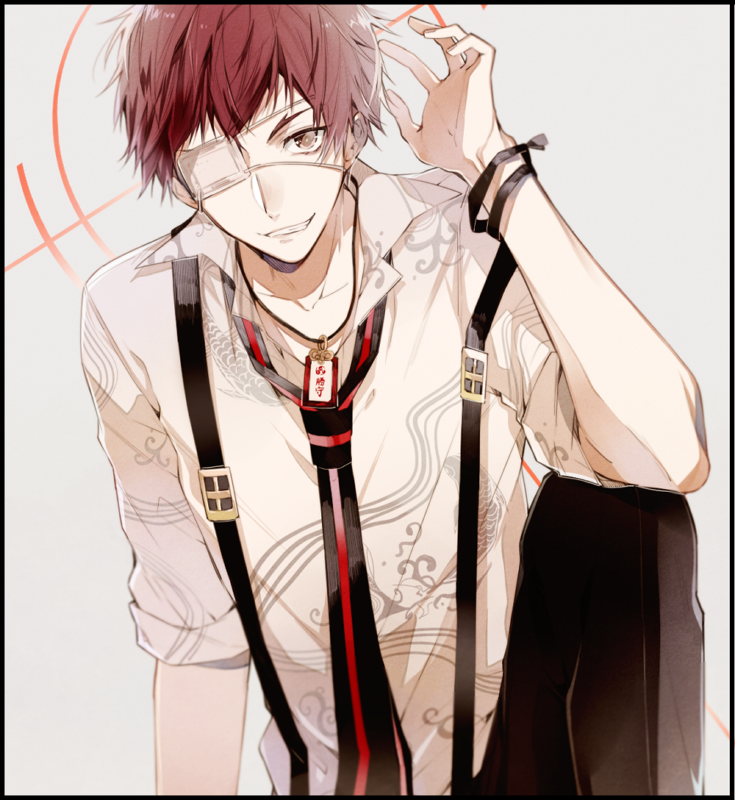 1boy 5574iahu alternate_hairstyle brown_eyes collar_x_malice enomoto_mineo eyepatch grey_background jewelry male_focus necklace redhead shirt short_hair short_sleeves smile solo suspenders teeth translation_request white_shirt