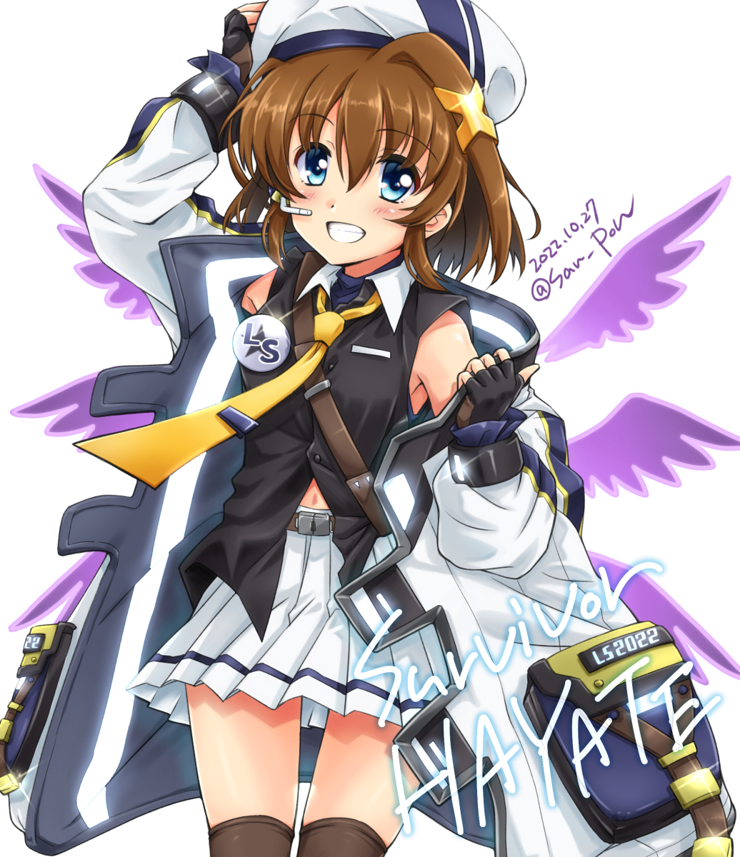 1girl artist_name black_gloves blue_eyes blush breasts brown_hair brown_thighhighs dated fingerless_gloves gloves grin hair_ornament hat highres looking_at_viewer lyrical_nanoha mahou_shoujo_lyrical_nanoha mahou_shoujo_lyrical_nanoha_a's miniskirt navel san-pon shiny_skin short_hair simple_background skirt small_breasts smile solo thigh-highs white_background white_skirt x_hair_ornament yagami_hayate