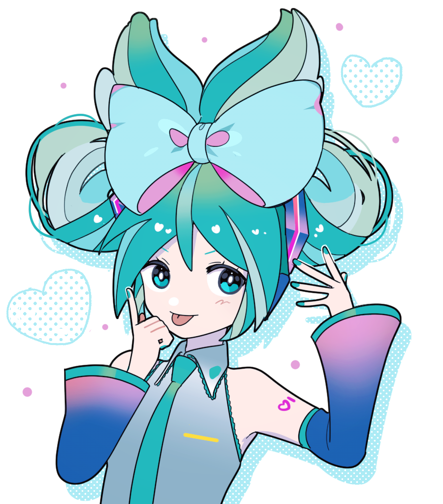 1girl aqua_eyes aqua_hair aqua_nails aqua_necktie arm_tattoo bangs bare_shoulders blue_bow blue_sleeves bow bright_pupils cinnamiku collared_shirt detached_sleeves double_bun drop_shadow gradient_sleeves grey_shirt hair_bow hair_bun hair_ornament halftone hand_up hatsune_miku heart index_finger_raised long_hair long_sleeves looking_at_viewer nail_polish necktie number_tattoo purple_sleeves shirt simple_background sleeveless sleeveless_shirt smile solo tattoo tongue tongue_out updo upper_body vocaloid white_background white_pupils wokichi