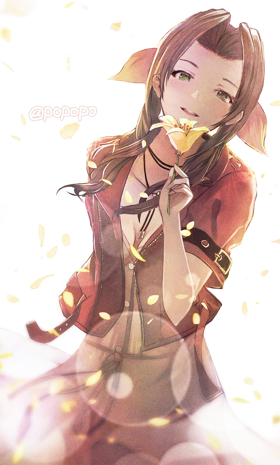 1girl aerith_gainsborough artist_name brown_hair commentary dress facing_viewer final_fantasy final_fantasy_vii final_fantasy_vii_remake flower forehead green_eyes hair_intakes highres holding holding_flower jacket jewelry long_hair necklace open_clothes open_jacket parted_lips pink_dress popopo_(popopo5656) red_jacket short_sleeves smile solo symbol-only_commentary teeth upper_body upper_teeth_only