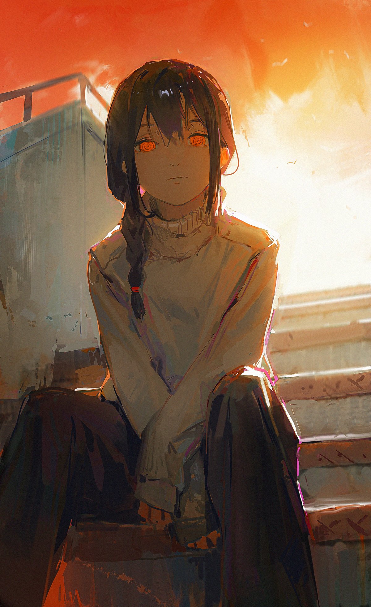 1girl bangs black_hair braid braided_ponytail chainsaw_man dino_(dinoartforame) highres looking_at_viewer medium_hair nayuta_(chainsaw_man) orange_eyes ringed_eyes sitting sitting_on_stairs sleeves_past_wrists solo stairs sweater white_sweater